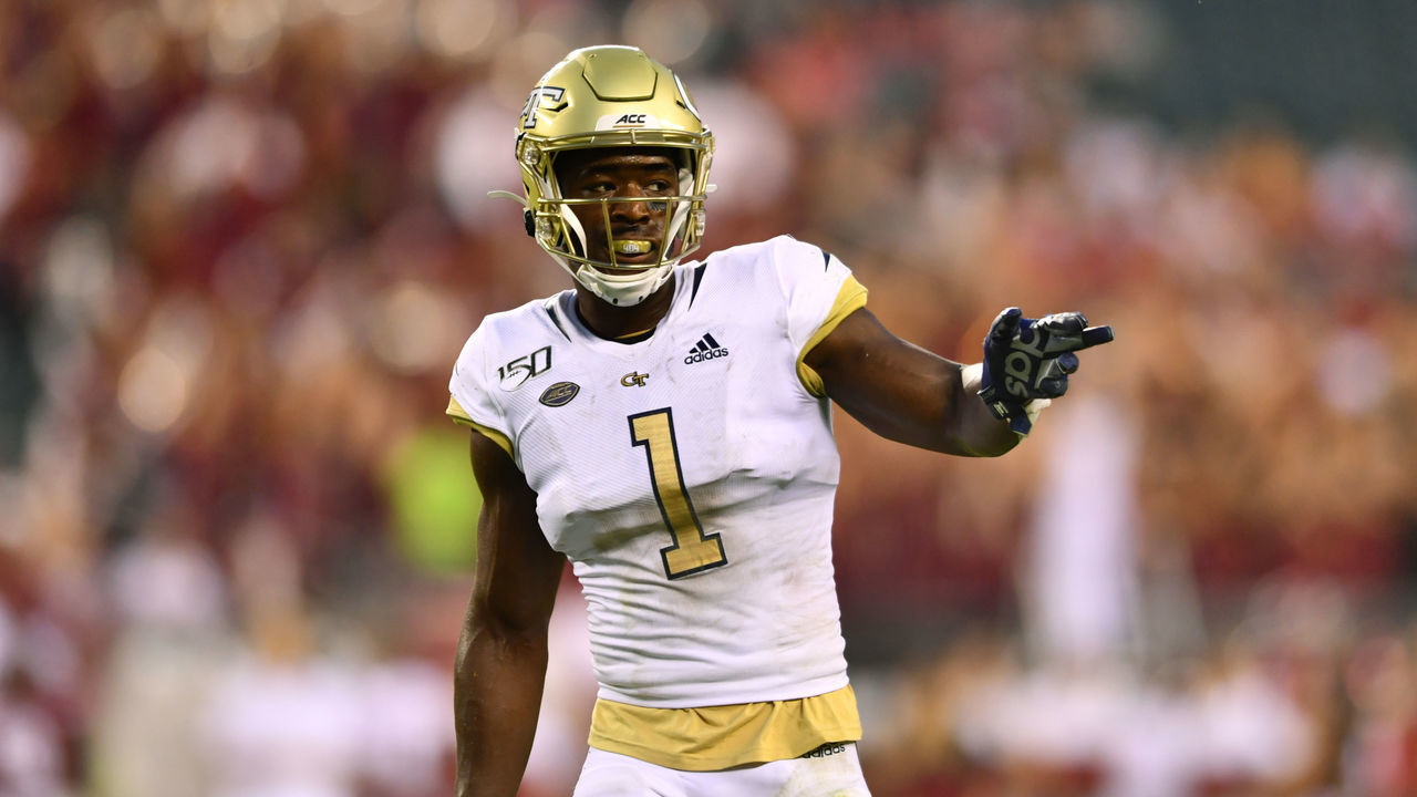 PHILADELPHIA, PA - SEPTEMBER 28: Georgia Tech WR Jalen Camp (1) checks in with a referee in the second half during the game between Georgia Tech Yellow Jackets and Temple Owls on September 28, 2019 at Lincoln Financial Field in Philadelphia, PA.