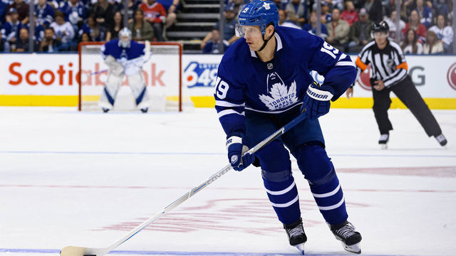 TORONTO, ON - SEPTEMBER 25: Toronto Maple Leafs center Jason Spezza (19) skates with the puck during the NHL Preseason game between the Montreal Canadiens and the Toronto Maple Leafs on September 25, 2019, at Scotiabank Arena in Toronto, ON, Canada.