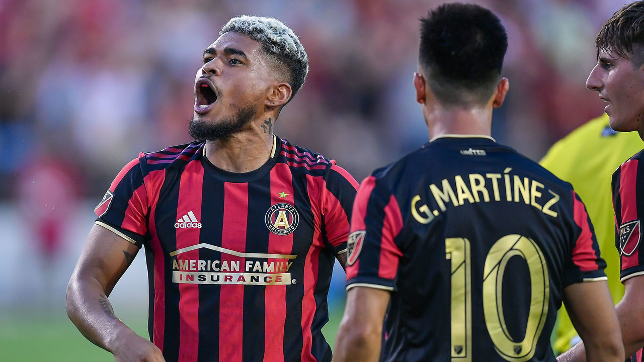 KENNESAW, GA JULY 07: Atlanta's Josef Martinez (left) celebrates Gonzalo "Pity" Martínez's (10) goal during the US Open Cup match between Saint Louis FC and Atlanta United FC on July 10th, 2019 at Fifth Third Bank Stadium in Kennesaw, GA.