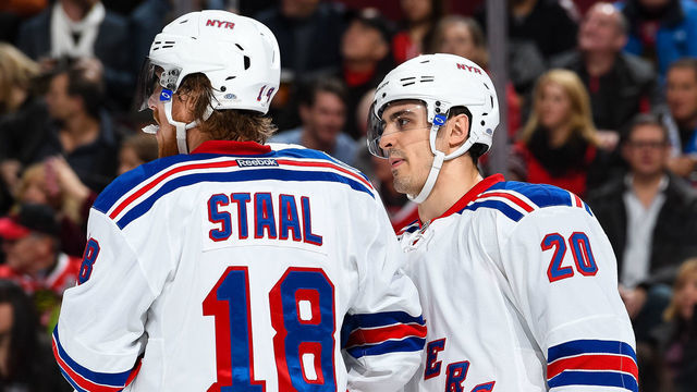CHICAGO, IL - DECEMBER 09: Marc Staal #18 and Chris Kreider #20 of the New York Rangers talk in the first period against the Chicago Blackhawks at the United Center on December 9, 2016 in Chicago, Illinois. The New York Rangers defeated the Chicago Blackhawks 1-0 in overtime.