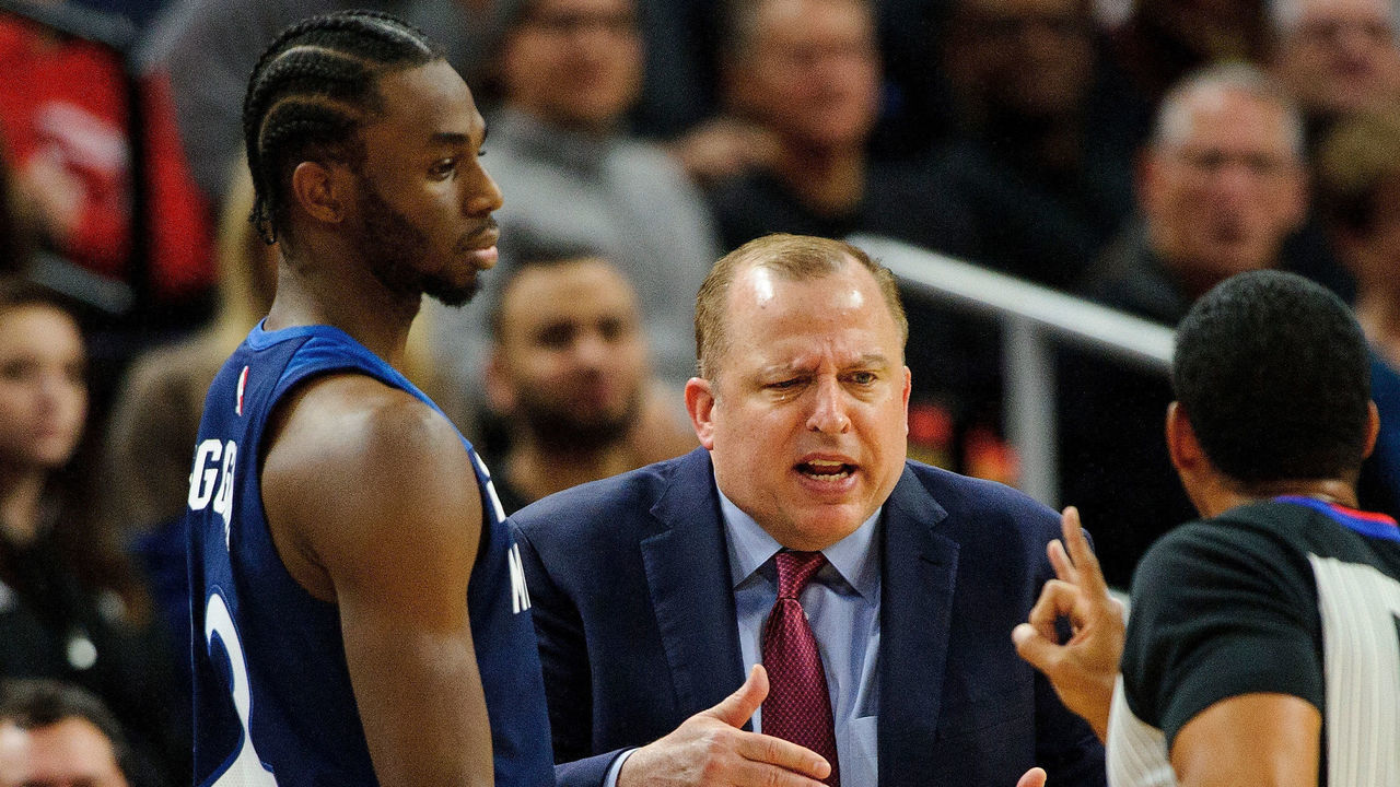 MINNEAPOLIS, MN - NOVEMBER 05: Head coach Tom Thibodeau of the Minnesota Timberwolves speaks to referee Bill Kennedy #55 as Andrew Wiggins #22 and Jamal Crawford #11 reacts during the game against the Charlotte Hornets on November 5, 2017 at the Target Center in Minneapolis, Minnesota.