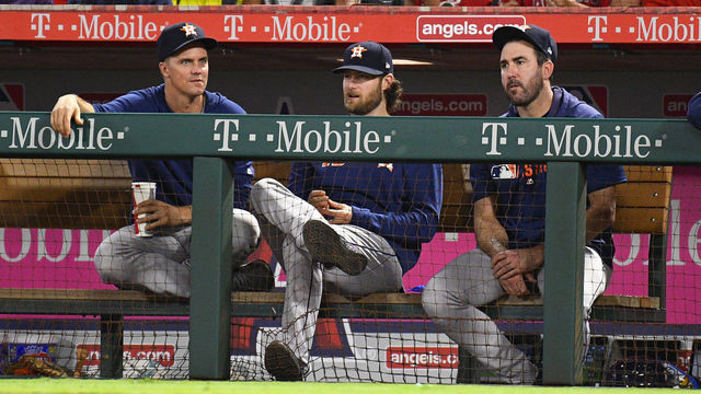 ANAHEIM, CA - SEPTEMBER 26: Houston Astros pitcher Zack Greinke (21), Houston Astros pitcher Gerrit Cole (45) and Houston Astros pitcher Justin Verlander (35) look on during a MLB game between the Houston Astros and the Los Angeles Angels of Anaheim on September 26, 2019 at Angel Stadium of Anaheim in Anaheim, CA.