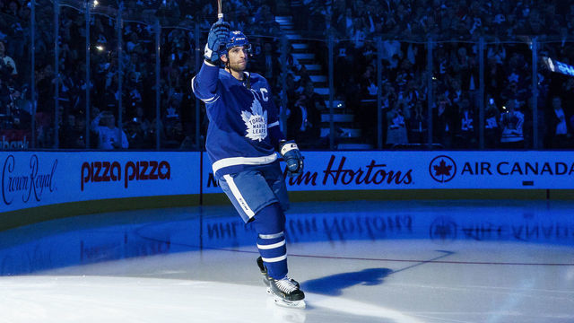 TORONTO, ON - OCTOBER 2: John Tavares #91 of the Toronto Maple Leafs is named the new captain ahead of the season opener against the Ottawa Senators at the Scotiabank Arena on October 2, 2019 in Toronto, Ontario, Canada.