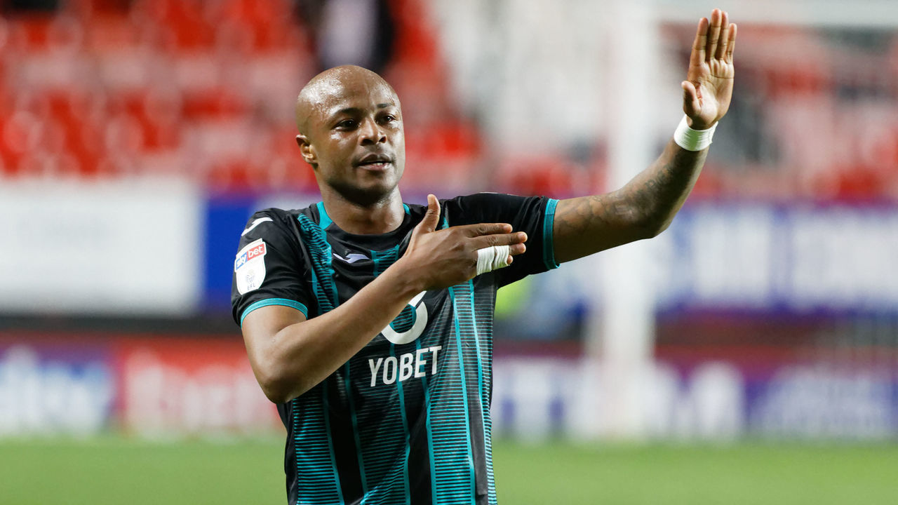 LONDON, ENGLAND - AUGUST 31: Andre Ayew of Swansea City celebrates his team's win with Andre Ayew during the Sky Bet Championship match between Charlton Athletic and Swansea City at The Valley on October 02, 2019 in London, England.