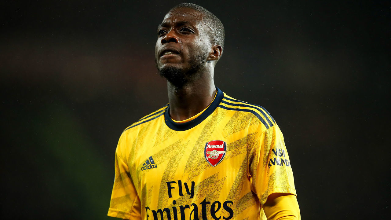 MANCHESTER, ENGLAND - SEPTEMBER 30: Nicolas Pepe of Arsenal during the Premier League match between Manchester United and Arsenal FC at Old Trafford on September 30, 2019 in Manchester, United Kingdom.