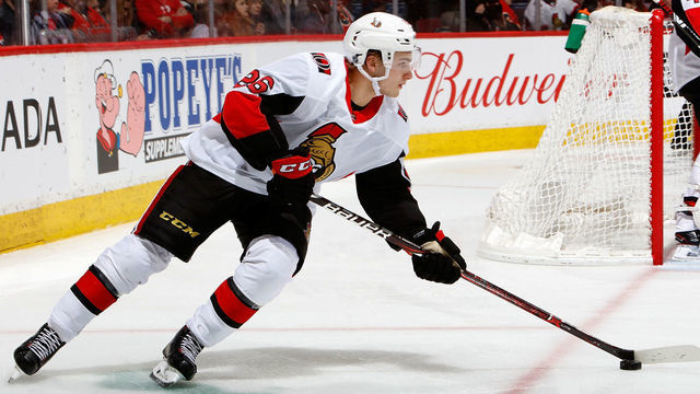 CALGARY, AB - MARCH 21: Erik Brannstrom #26 of the Ottawa Senators skates against the Calgary Flames during an NHL game on March 21, 2019 at the Scotiabank Saddledome in Calgary, Alberta, Canada.
