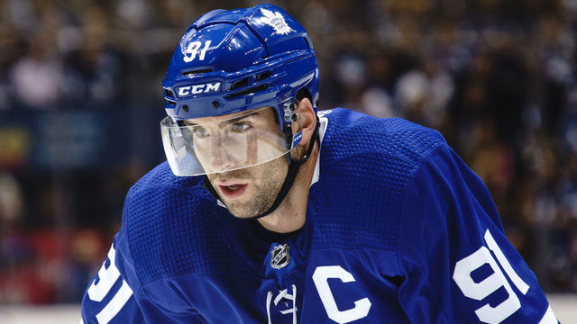 TORONTO, ON - OCTOBER 2: John Tavares #91 of the Toronto Maple Leafs gets ready for a face-off against the Ottawa Senators during the first period at the Scotiabank Arena on October 2, 2019 in Toronto, Ontario, Canada.