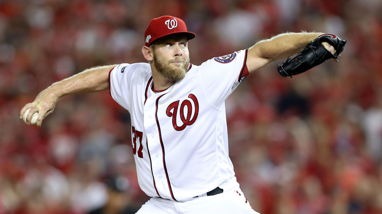 WASHINGTON, DC - OCTOBER 01: Stephen Strasburg #37 of the Washington Nationals throws a pitch against the Milwaukee Brewers during the sixth inning in the National League Wild Card game at Nationals Park on October 01, 2019 in Washington, DC.