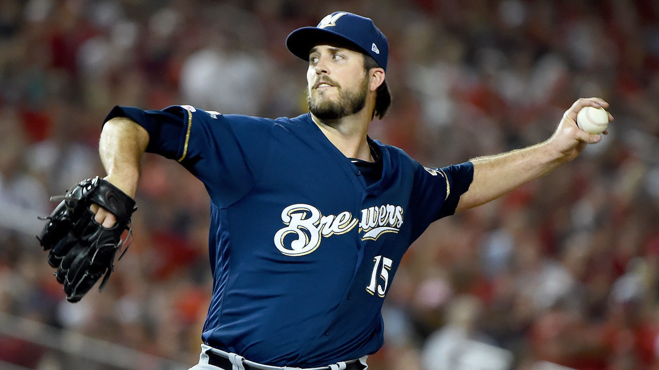 WASHINGTON, DC - OCTOBER 01: Drew Pomeranz #15 of the Milwaukee Brewers throws in pitch against the Washington Nationals during the sixth inning the National League Wild Card game at Nationals Park on October 01, 2019 in Washington, DC.