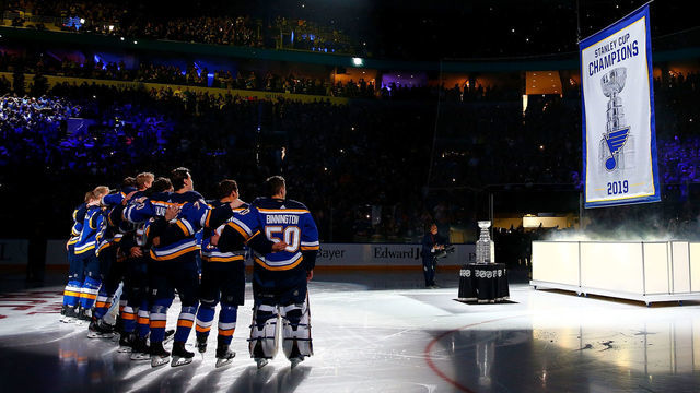 ST LOUIS, MO - OCTOBER 02: Members of the St. Louis Blues watch the Stanley Cup Champions banner being raised prior to playing against the Washington Capitals at Enterprise Center on October 2, 2019 in St Louis, Missouri. ***Local Caption***