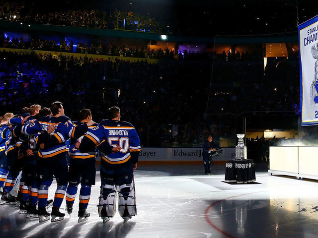 ST LOUIS, MO - OCTOBER 02: Members of the St. Louis Blues watch the Stanley Cup Champions banner being raised prior to playing against the Washington Capitals at Enterprise Center on October 2, 2019 in St Louis, Missouri. ***Local Caption***