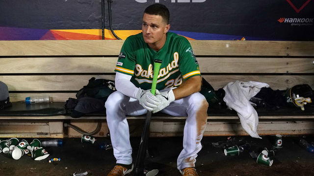 OAKLAND, CALIFORNIA - OCTOBER 02: Matt Chapman #26 of the Oakland Athletics sits in the dugout after being defeated 5-1 by the Tampa Bay Rays during the American League Wild Card Game at RingCentral Coliseum on October 02, 2019 in Oakland, California.