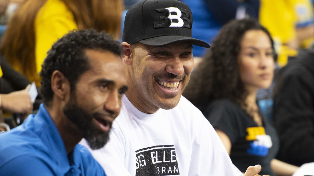 LOS ANGELES, CA - MARCH 01: UCLA guard Lonzo Ball dad LaVar Ball looks on with Big Baller Brand co-founder Alan Foster (left) during a college basketball game between the Washington Huskies and the UCLA Bruins on March 1, 2017, at Pauley Pavilion in Los Angeles, CA.