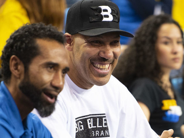 LOS ANGELES, CA - MARCH 01: UCLA guard Lonzo Ball dad LaVar Ball looks on with Big Baller Brand co-founder Alan Foster (left) during a college basketball game between the Washington Huskies and the UCLA Bruins on March 1, 2017, at Pauley Pavilion in Los Angeles, CA.