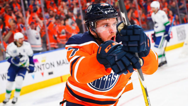 EDMONTON, AB - OCTOBER 02: Edmonton Oilers Center Connor McDavid (97) celebrates his first goal of the season in the third period during the Edmonton Oilers game versus the Vancouver Canucks on October 2, 2019 at Rogers Place in Edmonton, AB.