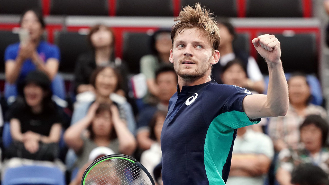 TOKYO, JAPAN - OCTOBER 03: David Goffin of Belgium celebrates after defeating Denis Shapovalov of Canada on day four of the Rakuten Open at the Ariake Coliseum on October 03, 2019 in Tokyo, Japan.