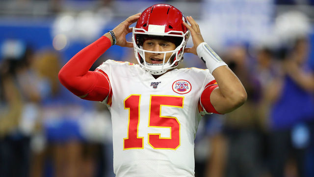DETROIT, MICHIGAN - SEPTEMBER 29: Quarterback Patrick Mahomes #15 of the Kansas City Chiefs reacts against the Detroit Lions in the first quarter of the game at Ford Field on September 29, 2019 in Detroit, Michigan.