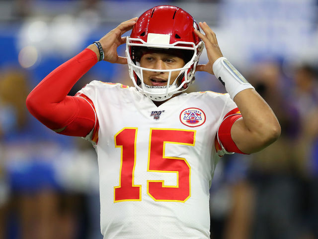 DETROIT, MICHIGAN - SEPTEMBER 29: Quarterback Patrick Mahomes #15 of the Kansas City Chiefs reacts against the Detroit Lions in the first quarter of the game at Ford Field on September 29, 2019 in Detroit, Michigan.