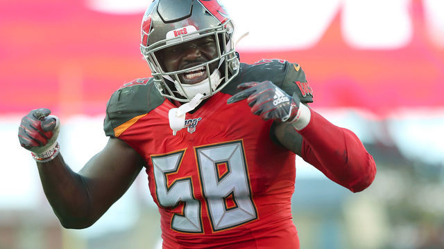 TAMPA, FL - SEP 22: Shaquil Barrett (58) of the Bucs celebrates a sack during the regular season game between the New York Giants and the Tampa Bay Buccaneers on September 22, 2019 at Raymond James Stadium in Tampa, Florida.