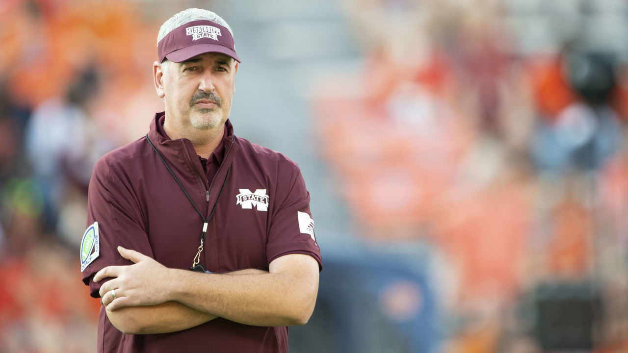 AUBURN, AL - SEPTEMBER 28: Head coach Joe Moorhead of the Mississippi State Bulldogs prior to their game against the Auburn Tigers at Jordan-Hare Stadium on September 28, 2019 in Auburn, AL.