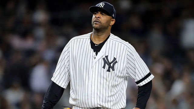 NEW YORK, NEW YORK - SEPTEMBER 18: CC Sabathia #52 of the New York Yankees reacts as he is about to be pulled from the game in the third inning against the Los Angeles Angels at Yankee Stadium on September 18, 2019 in the Bronx borough of New York City.