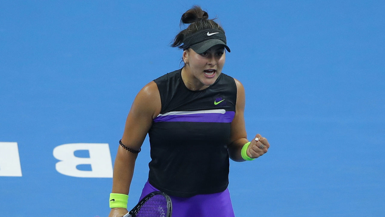 BEIJING, CHINA - OCTOBER 03: Bianca Andreescu of Canada reacts during the match against Jennifer Brady of the United States during the Women's singles third round of 2019 China Open at the China National Tennis Center on October 3, 2019 in Beijing, China.