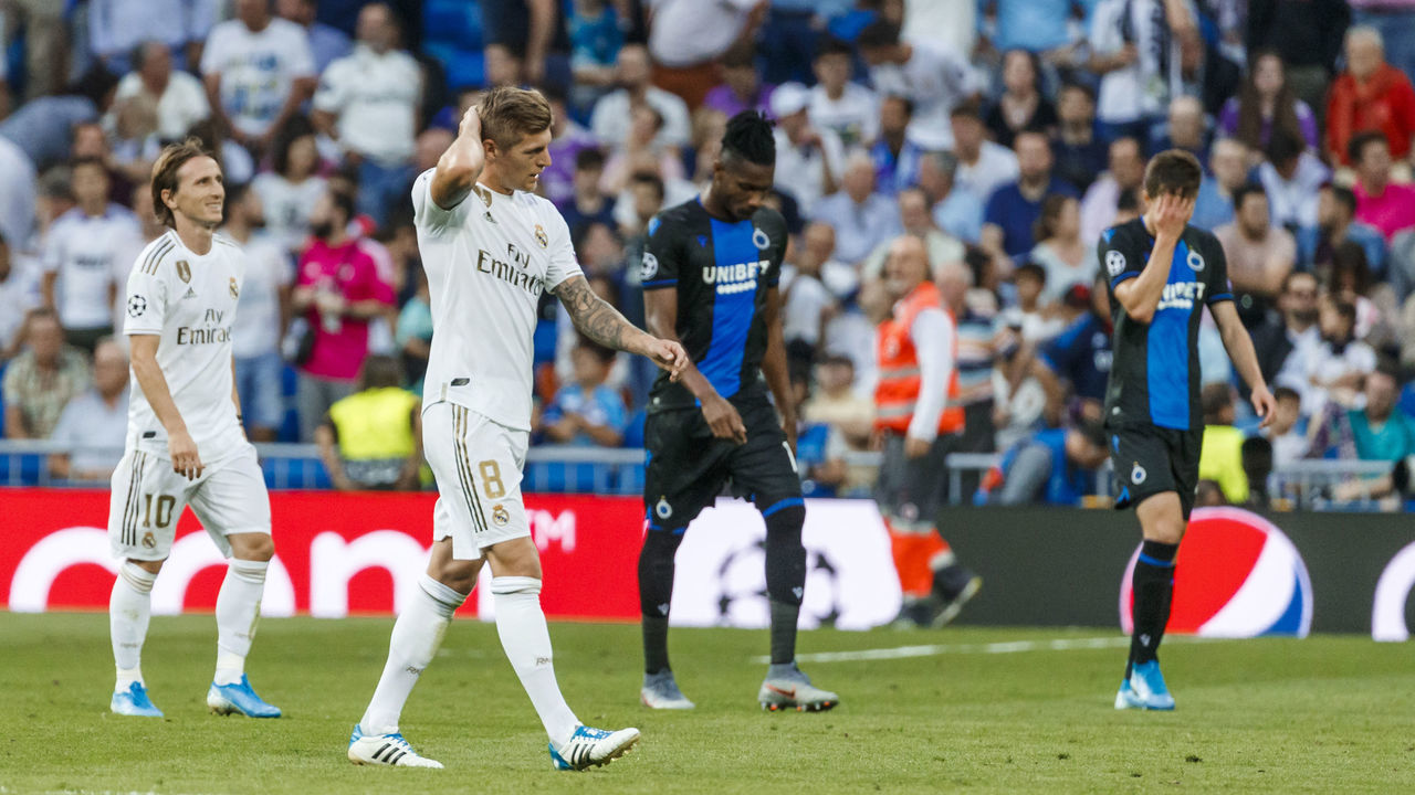 MADRID, SPAIN - OCTOBER 01: Luka Modrid of Real Madrid and Toni Kroos of Real Madrid look dejected during the UEFA Champions League group A match between Real Madrid and Club Brugge KV at Bernabeu on October 1, 2019 in Madrid, Spain.