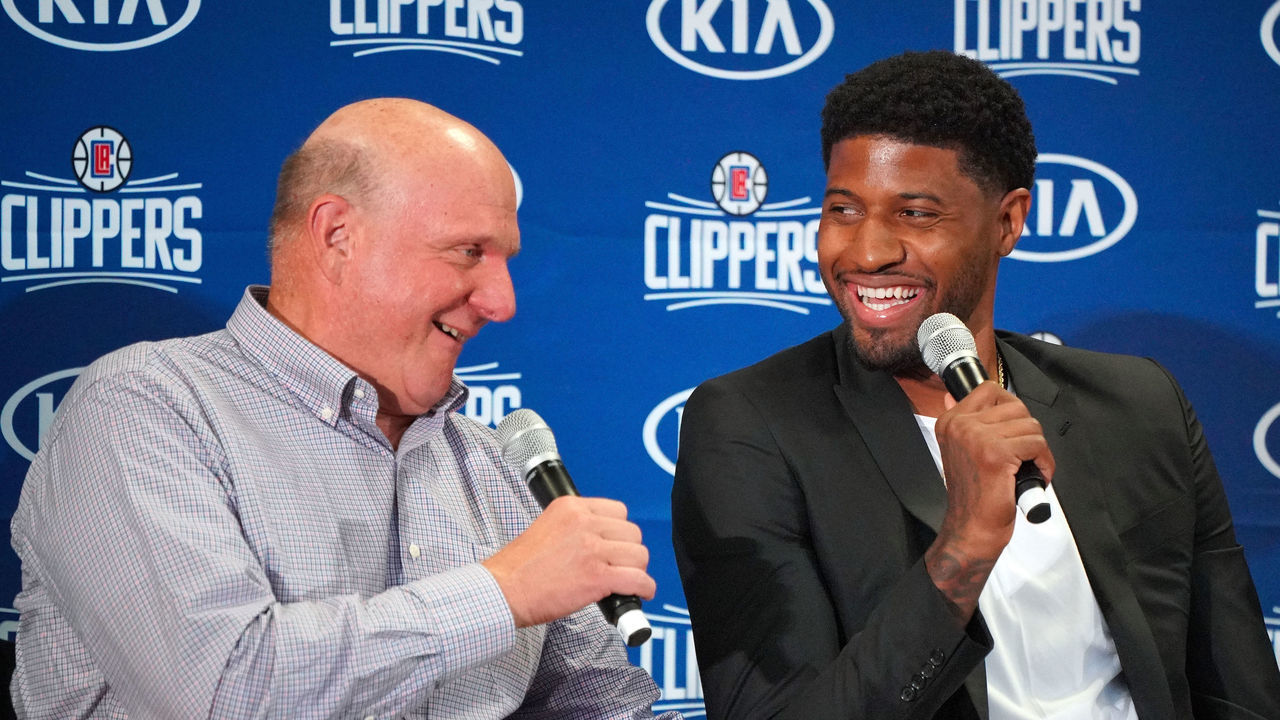LOS ANGELES, CA - JULY 24: Clippers owner Steve Ballmer, left, and Paul George speak during a press conference at the Green Meadows Recreation Center in Los Angeles on Wednesday, July 24, 2019.