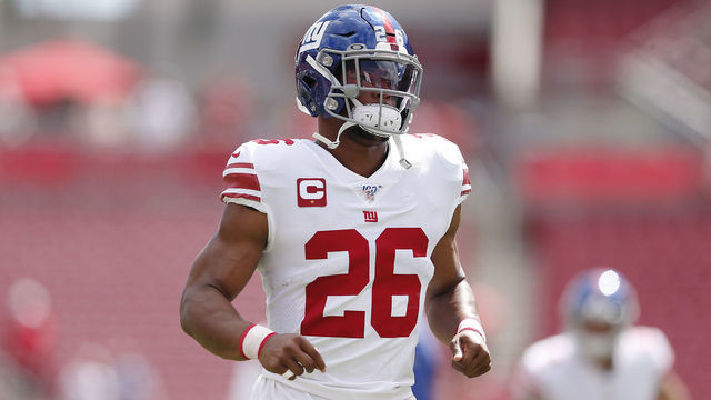 TAMPA, FLORIDA - SEPTEMBER 22: Saquon Barkley #26 of the New York Giants warms up prior to the game at Raymond James Stadium on September 22, 2019 in Tampa, Florida.