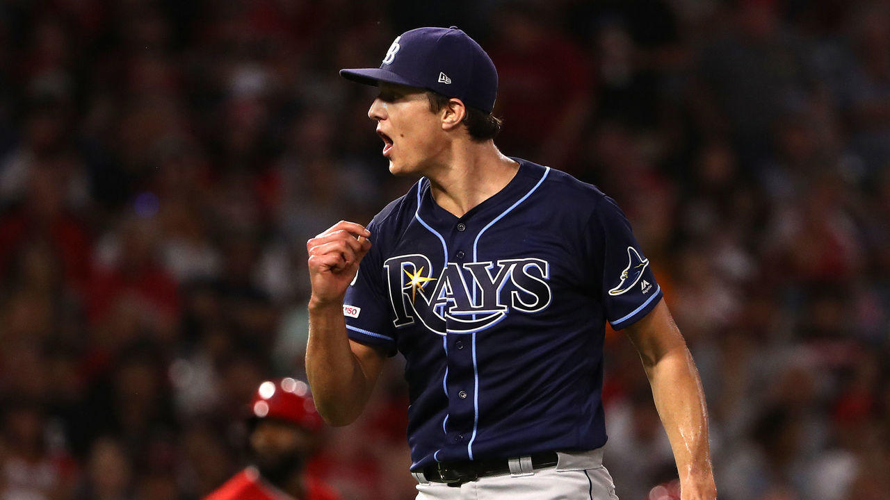 ANAHEIM, CALIFORNIA - SEPTEMBER 14: Pitcher Tyler Glasnow #20 of the Tampa Bay Rays reacts after striking out Kole Calhoun #56 of the Los Angeles Angels to end the third inning of the MLB game against the Los Angeles Angels at Angel Stadium of Anaheim on September 14, 2019 in Anaheim, California.