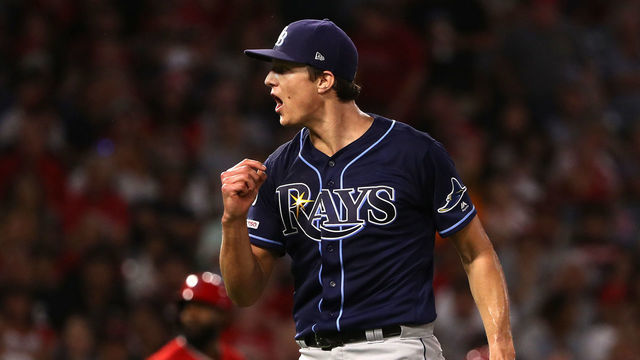 ANAHEIM, CALIFORNIA - SEPTEMBER 14: Pitcher Tyler Glasnow #20 of the Tampa Bay Rays reacts after striking out Kole Calhoun #56 of the Los Angeles Angels to end the third inning of the MLB game against the Los Angeles Angels at Angel Stadium of Anaheim on September 14, 2019 in Anaheim, California.
