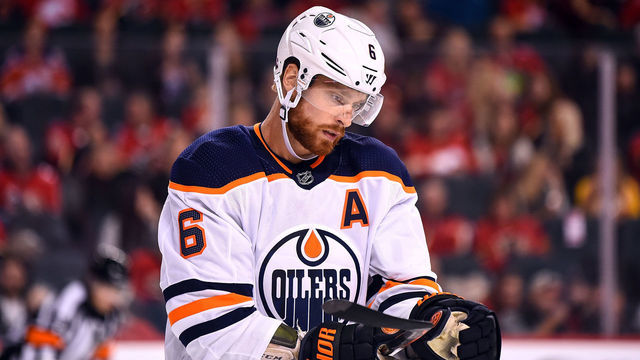 CALGARY, AB - SEPTEMBER 28: Edmonton Oilers Defenceman Adam Larsson (6) looks on during the second period of an NHL game where the Calgary Flames hosted the Edmonton Oilers on September 28, 2019, at the Scotiabank Saddledome in Calgary, AB.