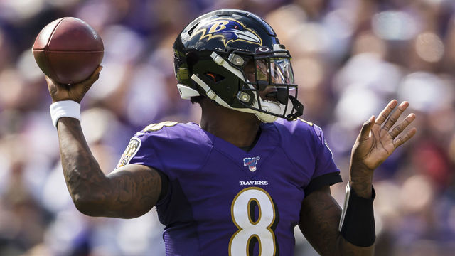 BALTIMORE, MD - SEPTEMBER 29: Lamar Jackson #8 of the Baltimore Ravens looks to pass against the Cleveland Browns during the first half at M&T Bank Stadium on September 29, 2019 in Baltimore, Maryland.