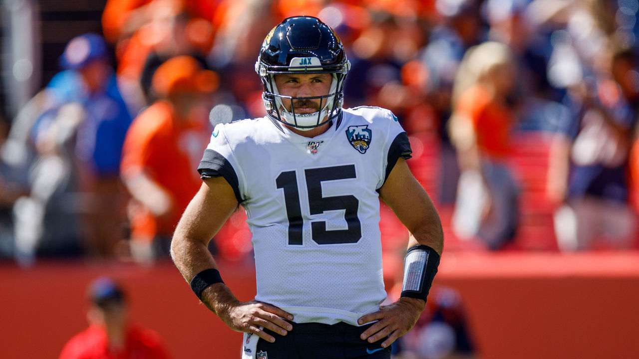 DENVER, CO - SEPTEMBER 29: Quarterback Gardner Minshew #15 of the Jacksonville Jaguars looks on against the Denver Broncos before the game at Empower Field at Mile High on September 29, 2019 in Denver, Colorado. The Jaguars defeated the Broncos 26-24.