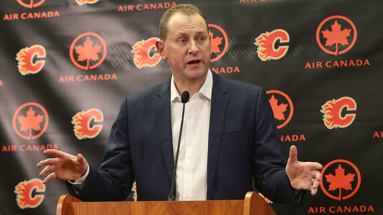 CALGARY, CANADA - FEBRUARY 27: General manager Brad Treliving of the Calgary Flames address the media before the trade deadline prior to the team's NHL game against the Ottawa Senators at the Scotiabank Saddledome on February 27, 2016 in Calgary, Alberta, Canada.