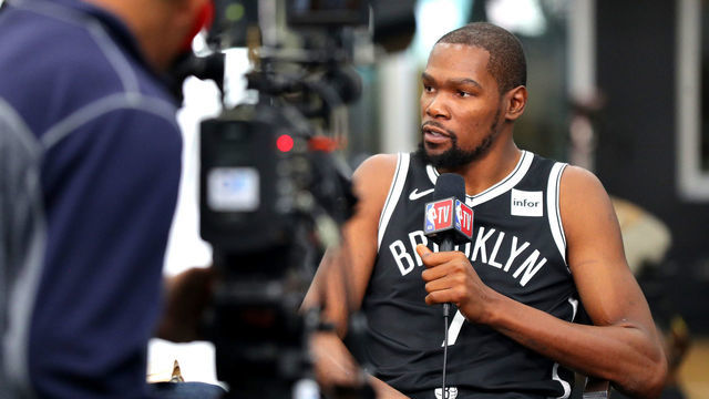 NEW YORK, NEW YORK - SEPTEMBER 27: Kevin Durant #7 of the Brooklyn Nets speaks to media during Brooklyn Nets Media Day at HSS Training Center on September 27, 2019 in the Brooklyn Borough of New York City.