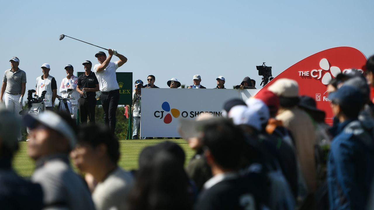 Brooks Koepka of the US tees off on the ninth hole during the final round of the CJ Cup golf tournament at Nine Bridges golf club in Jeju Island on October 21, 2018.
