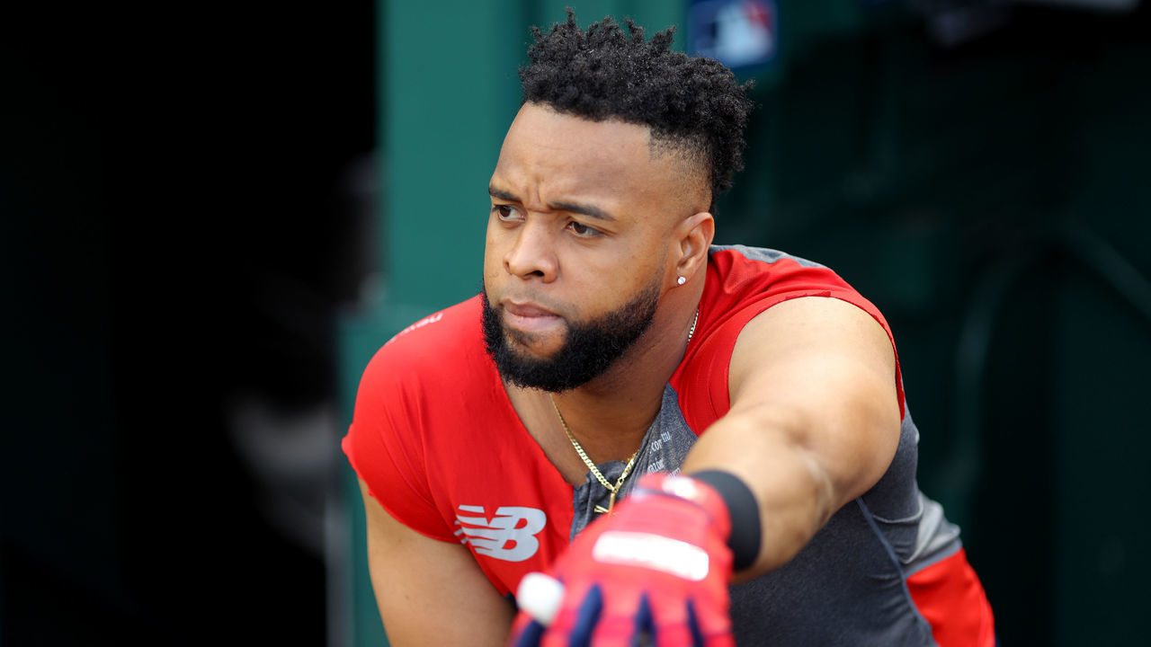 WASHINGTON, DC - SEPTEMBER 27: Carlos Santana #41 of the Cleveland Indians looks on prior to the game between the Cleveland Indians and the Washington Nationals at Nationals Park on Friday, September 27, 2019 in Washington, District of Columbia.