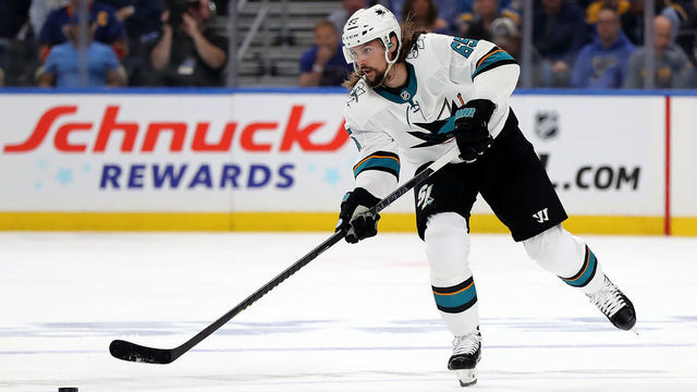 ST LOUIS, MISSOURI - MAY 15: Erik Karlsson #65 of the San Jose Sharks passes the puck against the St. Louis Blues during the first period in Game Three of the Western Conference Finals during the 2019 NHL Stanley Cup Playoffs at Enterprise Center on May 15, 2019 in St Louis, Missouri.