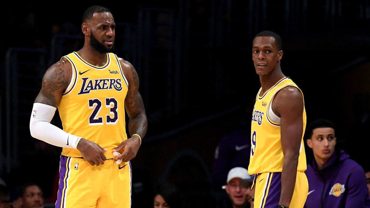 LOS ANGELES, CA - OCTOBER 20: LeBron James #23 and Rajon Rondo #9 of the Los Angeles Lakers react during a 124-115 loss to the Houston Rockets at Staples Center on October 20, 2018 in Los Angeles, California.