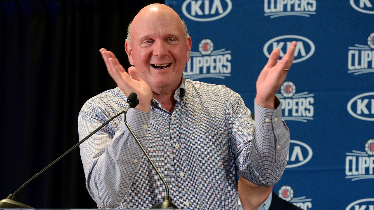 LOS ANGELES, CA - JULY 24: Owner Steve Ballmer of the LA Clippers talks at the LA Clippers Introductory Press Conference at Green Meadows Recreation Center on July 24, 2019 in Los Angeles, California. NOTE TO USER: User expressly acknowledges and agrees that, by downloading and/or using this Photograph, user is consenting to the terms and conditions of the Getty Images License Agreement. Mandatory Copyright Notice: Copyright 2019 NBAE