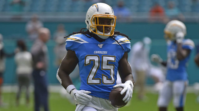 MIAMI, FL - SEPTEMBER 29: Melvin Gordon #25 of the Los Angeles Chargers in action during pregame before the start of the game against the Miami Dolphins at Hard Rock Stadium on September 29, 2019 in Miami, Florida.