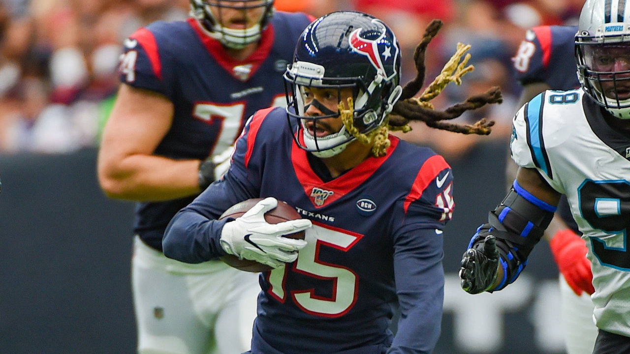 HOUSTON, TX - SEPTEMBER 29: Houston Texans wide receiver Will Fuller (15) struggles for first down yardage as Carolina Panthers defensive back Ross Cockrell (47) defends during the football game between the Carolina Panthers and the Houston Texans at NRG Stadium on September 29, 2019 in Houston, Texas.