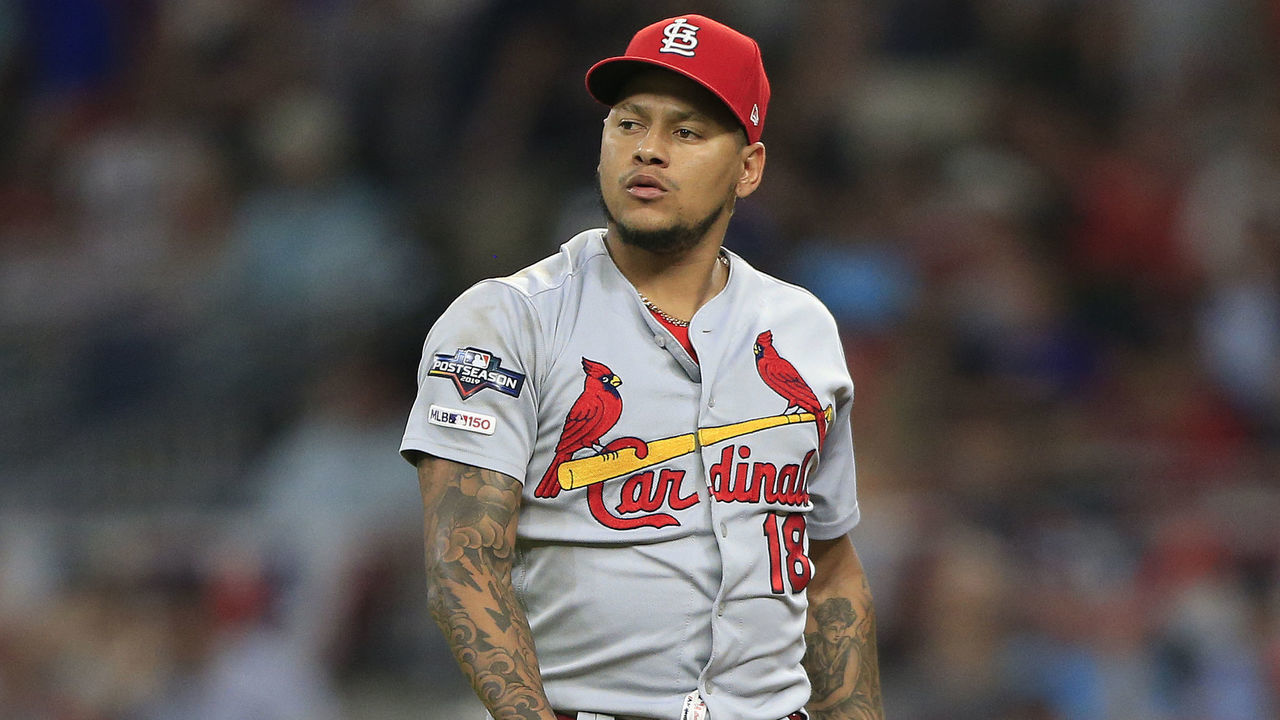 ATLANTA, GA - OCTOBER 03: Carlos Martinez (18) of the St. Louis Cardinals during the first game of the National League Division Series between the Atlanta Braves and the St. Louis Cardinals on October 3, 2019 at Suntrust Park in Atlanta, Georgia.