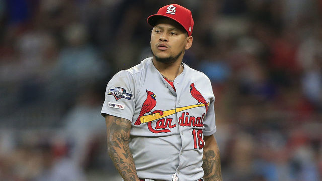 ATLANTA, GA - OCTOBER 03: Carlos Martinez (18) of the St. Louis Cardinals during the first game of the National League Division Series between the Atlanta Braves and the St. Louis Cardinals on October 3, 2019 at Suntrust Park in Atlanta, Georgia.