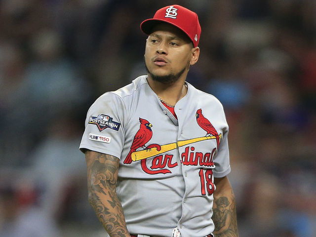 ATLANTA, GA - OCTOBER 03: Carlos Martinez (18) of the St. Louis Cardinals during the first game of the National League Division Series between the Atlanta Braves and the St. Louis Cardinals on October 3, 2019 at Suntrust Park in Atlanta, Georgia.
