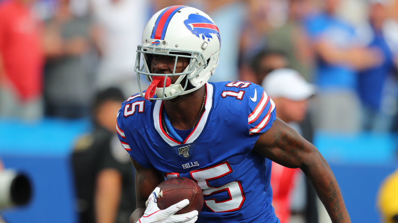 ORCHARD PARK, NY - SEPTEMBER 29: John Brown #15 of the Buffalo Bills runs the ball after a catch during the second half against the New England Patriots at New Era Field on September 29, 2019 in Orchard Park, New York. Patriots beat the Bills 16 to 10.