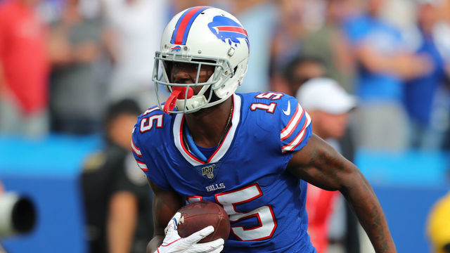 ORCHARD PARK, NY - SEPTEMBER 29: John Brown #15 of the Buffalo Bills runs the ball after a catch during the second half against the New England Patriots at New Era Field on September 29, 2019 in Orchard Park, New York. Patriots beat the Bills 16 to 10.
