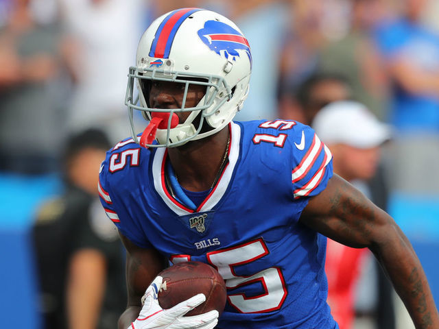 ORCHARD PARK, NY - SEPTEMBER 29: John Brown #15 of the Buffalo Bills runs the ball after a catch during the second half against the New England Patriots at New Era Field on September 29, 2019 in Orchard Park, New York. Patriots beat the Bills 16 to 10.