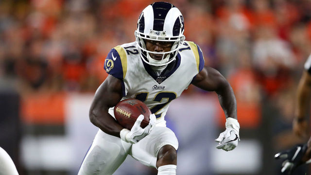 CLEVELAND, OHIO - SEPTEMBER 22: Wide receiver Brandin Cooks #12 of the Los Angeles Rams carries the ball against the Cleveland Browns in the second quarter of the game at FirstEnergy Stadium on September 22, 2019 in Cleveland, Ohio.